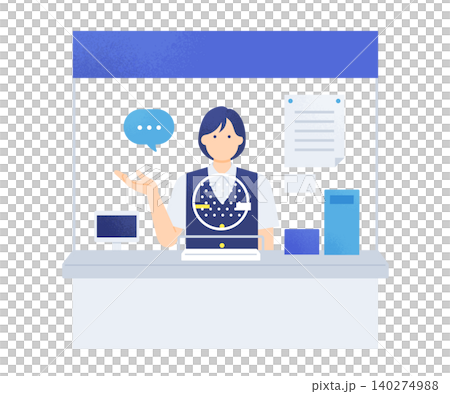 Illustration of the upper body of a female station attendant providing ticket information at a station ticket counter. Illustration of the upper body of a female station attendant providing ticket information at a station ticket counter. 140274988