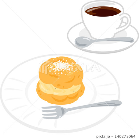 皿に盛ったシュークリームとカップに入ったコーヒー 皿に盛ったシュークリームとカップに入ったコーヒー 140275064