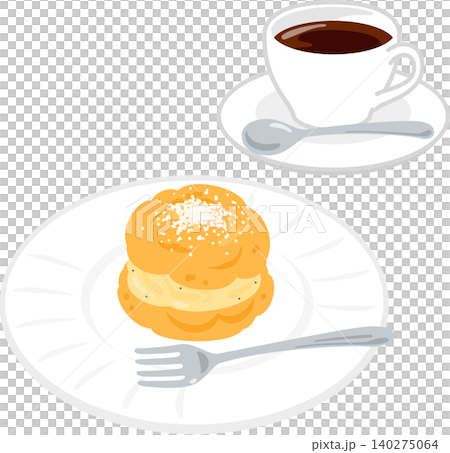 皿に盛ったシュークリームとカップに入ったコーヒー 皿に盛ったシュークリームとカップに入ったコーヒー 140275064