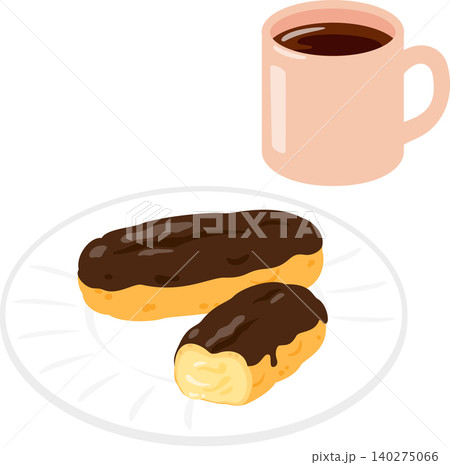 皿に盛ったエクレアとマグカップに入ったコーヒー 皿に盛ったエクレアとマグカップに入ったコーヒー 140275066