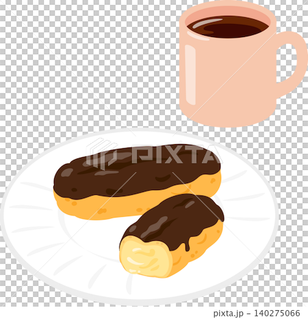 皿に盛ったエクレアとマグカップに入ったコーヒー 皿に盛ったエクレアとマグカップに入ったコーヒー 140275066