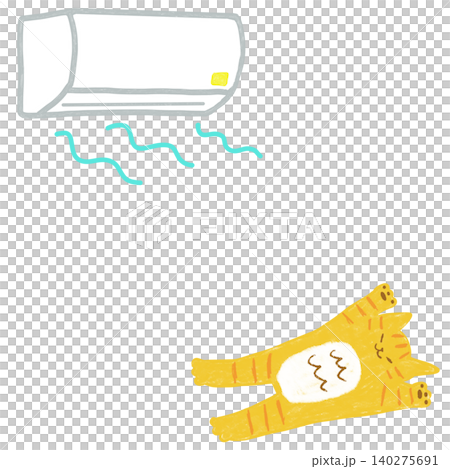 Summer heatstroke prevention indoors: A tabby cat lying down with the air conditioner on. Summer heatstroke prevention indoors: A tabby cat lying down with the air conditioner on. 140275691