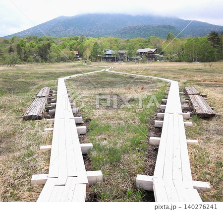 尾瀬ヶ原のY字に分岐する木道と燧ヶ岳、新緑の尾瀬風景 尾瀬ヶ原のY字に分岐する木道と燧ヶ岳、新緑の尾瀬風景 140276241