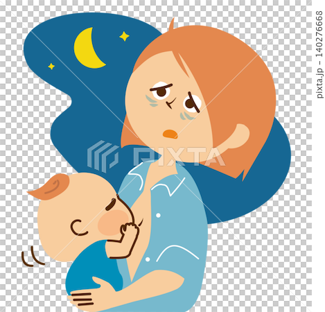 Nighttime breastfeeding: An illustration depicting a sleep-deprived mother. Nighttime breastfeeding: An illustration depicting a sleep-deprived mother. 140276668