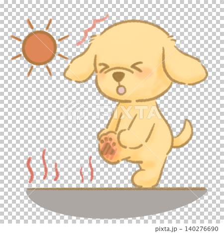 A cute, picture-book-style illustration of a dog with burned paws on asphalt. A cute, picture-book-style illustration of a dog with burned paws on asphalt. 140276690