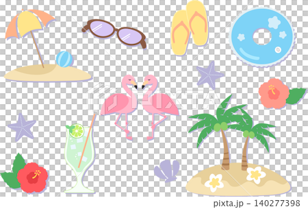 A set of illustration materials featuring summer beach items and tropical motifs. A set of illustration materials featuring summer beach items and tropical motifs. 140277398