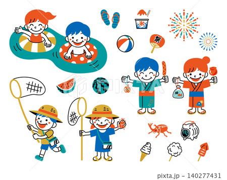 レトロポップでかわいい夏休みの子どもイラストセット レトロポップでかわいい夏休みの子どもイラストセット 140277431