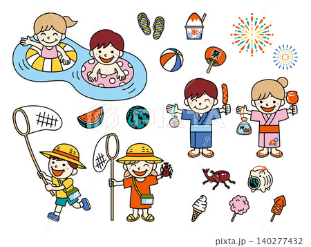 ポップでかわいい夏休みの子どもイラストセット 140277432