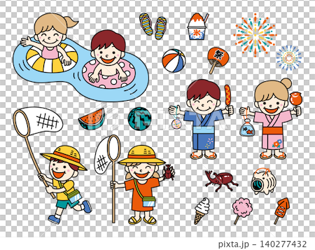 ポップでかわいい夏休みの子どもイラストセット 140277432