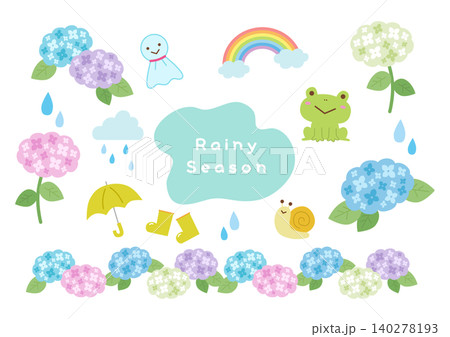 シンプルでかわいい紫陽花と梅雨のイラストセット 140278193