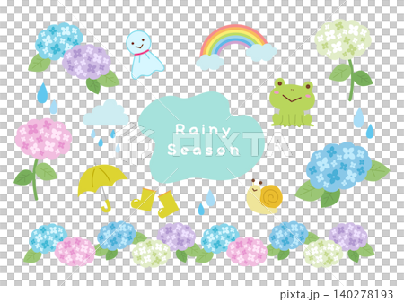 シンプルでかわいい紫陽花と梅雨のイラストセット 140278193