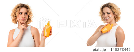 Woman smiles while holding sunscreen, showcasing beauty in summer, PNG 140278443