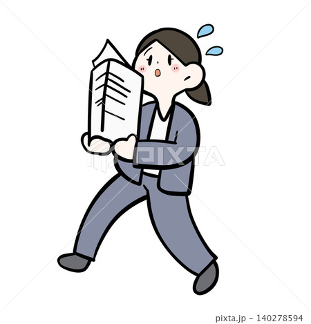 書類を抱えて運ぶ女性会社員のイラスト｜忙しい・運搬・急ぐ 140278594