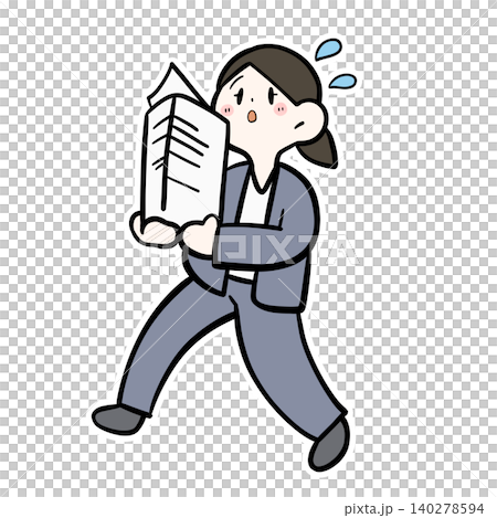 書類を抱えて運ぶ女性会社員のイラスト｜忙しい・運搬・急ぐ 140278594