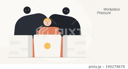 Flat design illustration of a sad employee being squeezed by two dark figures while working on a laptop, representing workplace pressure and bullying. Perfect for mental health and HR content. 140278678