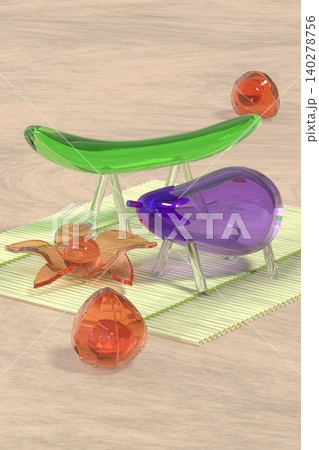 ガラスの精霊馬とホオズキのある3DCG縦長風景 140278756