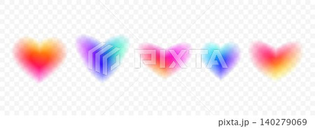 Y2k blurred gradient hearts set. Bright blur aura shape collection. Colorful fading abstract elements for poster, template, badge, sticker, collage, leaflet. Vector iridescent smooth heart pack 140279069