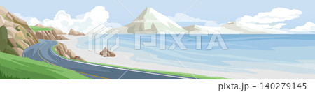 Panoramic horizontal banner displaying a winding coastal road running beside a calm blue ocean bay. White sandy beaches rocky cliffs and distant mountains complete the bright scene. Panoramic horizontal banner displaying a winding coastal road running beside a calm blue ocean bay. White sandy beaches rocky cliffs and distant mountains complete the bright scene. 140279145