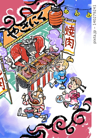 祭り-焼肉の屋台の牛 祭り-焼肉の屋台の牛 140279241