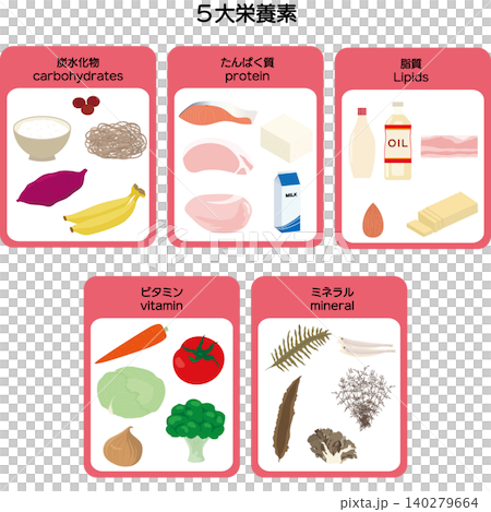 Illustration set of the 5 major nutrients Illustration set of the 5 major nutrients 140279664