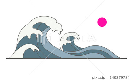 北斎の浮世絵神奈川沖浪裏様式の海の波と太陽 140279784