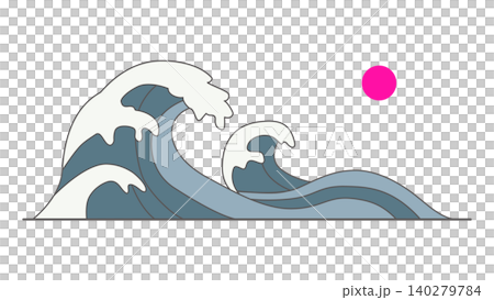 北斎の浮世絵神奈川沖浪裏様式の海の波と太陽 140279784