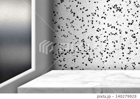 Minimalist Terrazzo Wall Background with Soft Natural Shadow, Modern Interior Design Backdrop for Organic and Sustainable Product Presentation. Minimalist Terrazzo Wall Background with Soft Natural Shadow, Modern Interior Design Backdrop for Organic and Sustainable Product Presentation. 140279928