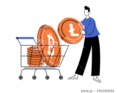 Man puts Litecoin into a shopping cart with Bitcoin vector illustration. Digital finance, crypto trading, online shopping, investment, blockchain, growth. Person placing coin into trolley Man puts Litecoin into a shopping cart with Bitcoin vector illustration. Digital finance, crypto trading, online shopping, investment, blockchain, growth. Person placing coin into trolley 140280088