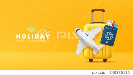 Summer holiday airplane travel, yellow suitcase and passport banner design on yellow background 140280116