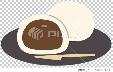 皿に置かれた2個のチョコ餅の正面イラスト、1個はカット 140280121