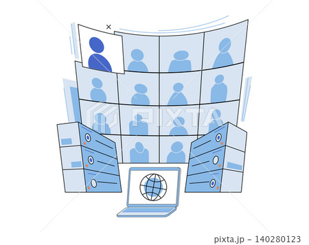 Laptop with globe and grid of people vector illustration. Remote work, online education, global communication, digital meeting, webinar hosting, cloud computing. Computer showing virtual conference Laptop with globe and grid of people vector illustration. Remote work, online education, global communication, digital meeting, webinar hosting, cloud computing. Computer showing virtual conference 140280123