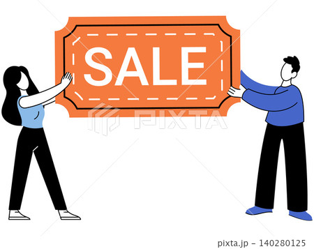 Man and woman holding a large orange sale ticket vector illustration. Retail marketing, seasonal discount, online shopping, promotional offer, consumerism, business. Couple carrying a giant voucher Man and woman holding a large orange sale ticket vector illustration. Retail marketing, seasonal discount, online shopping, promotional offer, consumerism, business. Couple carrying a giant voucher 140280125