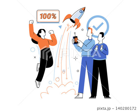 A business team launching a rocket into the sky vector illustration. Startup growth, project success, achievement, teamwork, innovation, goal reaching. Group of professional colleagues starting 140280172