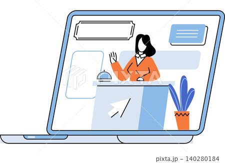 Female receptionist at a desk on a laptop screen vector illustration. Online booking, hotel reservation, virtual concierge, support, hospitality, travel. Concierge staff at a counter Female receptionist at a desk on a laptop screen vector illustration. Online booking, hotel reservation, virtual concierge, support, hospitality, travel. Concierge staff at a counter 140280184