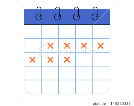 Calendar with orange cross marks on specific days vector illustration. Time management, project planning, deadline tracking, habit building, event scheduling, productivity. Planner with marked dates Calendar with orange cross marks on specific days vector illustration. Time management, project planning, deadline tracking, habit building, event scheduling, productivity. Planner with marked dates 140280328