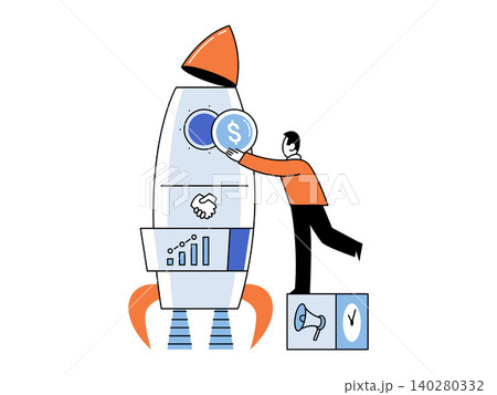 Man putting a dollar coin into a rocket vector illustration. Startup launch, financial investment, business growth, venture capital, marketing, project funding. Entrepreneur inserting money into Man putting a dollar coin into a rocket vector illustration. Startup launch, financial investment, business growth, venture capital, marketing, project funding. Entrepreneur inserting money into 140280332