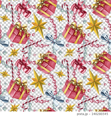 Seamless pattern with gift boxes, bows, beads, and other festive elements. Hand-drawn watercolor illustration. For textiles and home decor, curtains, tablecloths, wrapping paper, wallpaper, and more. Seamless pattern with gift boxes, bows, beads, and other festive elements. Hand-drawn watercolor illustration. For textiles and home decor, curtains, tablecloths, wrapping paper, wallpaper, and more. 140280345