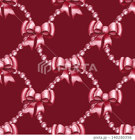Seamless pattern with pink beads and bows. Hand-drawn watercolor illustration. Dark red background. For clothing and home decor textiles, curtains, tablecloths, wrapping paper, wallpaper, and more. Seamless pattern with pink beads and bows. Hand-drawn watercolor illustration. Dark red background. For clothing and home decor textiles, curtains, tablecloths, wrapping paper, wallpaper, and more. 140280356