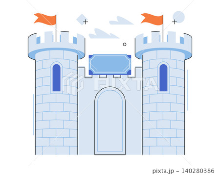 Medieval stone castle with two towers and orange flags vector illustration. Cyber security, data protection, history, gaming, real estate, business stability. Ancient fortress with battlements Medieval stone castle with two towers and orange flags vector illustration. Cyber security, data protection, history, gaming, real estate, business stability. Ancient fortress with battlements 140280386
