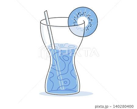 Blue cocktail in a glass with a straw and kiwi slice vector illustration. Summer party, tropical vacation, bar menu, refreshment, healthy lifestyle, exotic drink. Refreshing beverage with fruit Blue cocktail in a glass with a straw and kiwi slice vector illustration. Summer party, tropical vacation, bar menu, refreshment, healthy lifestyle, exotic drink. Refreshing beverage with fruit 140280400