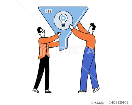 Two men holding a large blue funnel with a lightbulb vector illustration. Sales funnel, marketing, idea generation, business process, innovation, lead conversion. Male partners carrying a filter 140280401