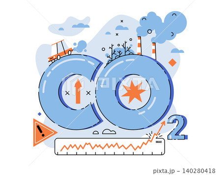 Carbon dioxide letters with factory smoke and car vector illustration. Global warming, environmental pollution, climate change, ecology, industrial impact, greenhouse effect. CO2 gas pollution 140280418