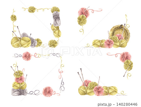 Balls of yarn threads in different color banner, frame set. Watercolor hand drawn illustration. Skeins of string with knitting needles. Female hobby, handicrafts label, card template isolated on white Balls of yarn threads in different color banner, frame set. Watercolor hand drawn illustration. Skeins of string with knitting needles. Female hobby, handicrafts label, card template isolated on white 140280446