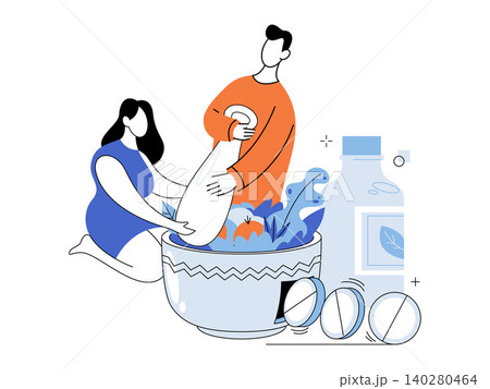 Man and woman grinding herbs in a mortar vector illustration. Natural medicine, herbal pharmacy, homeopathy, wellness, organic supplements, alternative therapy. Couple crushing plants Man and woman grinding herbs in a mortar vector illustration. Natural medicine, herbal pharmacy, homeopathy, wellness, organic supplements, alternative therapy. Couple crushing plants 140280464