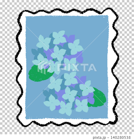 A hand-drawn illustration of hydrangeas in a stamp-style frame. A hand-drawn illustration of hydrangeas in a stamp-style frame. 140280538