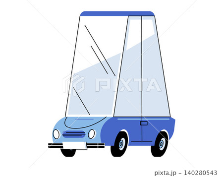 Blue cartoon car with tall glass cabin vector illustration. Urban mobility, future transport, creative design, funny vehicle, visibility, travel. Stylized automobile with high windows 140280543