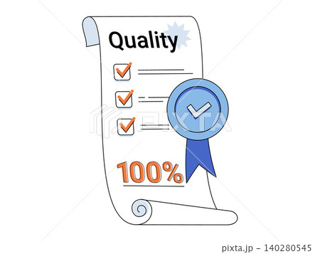 Quality certificate with checklist and seal vector illustration. Business standards, product certification, customer satisfaction, service excellence, compliance, guarantee. Verified paper record Quality certificate with checklist and seal vector illustration. Business standards, product certification, customer satisfaction, service excellence, compliance, guarantee. Verified paper record 140280545
