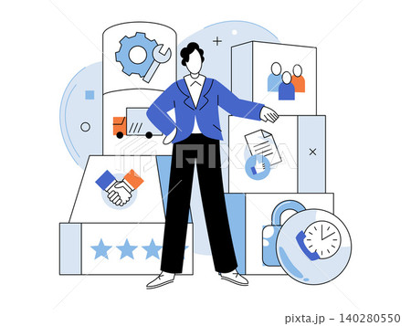 Professional manager standing among boxes with various business icons vector illustration. Logistics management, corporate solutions, supply chain, support, growth, technical services. Leader Professional manager standing among boxes with various business icons vector illustration. Logistics management, corporate solutions, supply chain, support, growth, technical services. Leader 140280550