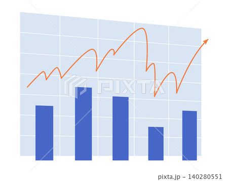 Financial growth chart with blue bars and orange line vector illustration. Business success, market analysis, economic progress, data visualization, trading, sales. Statistical diagram with pointer Financial growth chart with blue bars and orange line vector illustration. Business success, market analysis, economic progress, data visualization, trading, sales. Statistical diagram with pointer 140280551