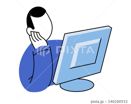 Man looking at a computer monitor vector illustration. Remote work, online education, digital browsing, office productivity, software development, data analysis. Person at a desktop display 140280552
